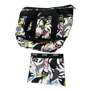 LeSportsac Cats Large Shoulder Tote Bag and Cosmetic Bag Matching Set